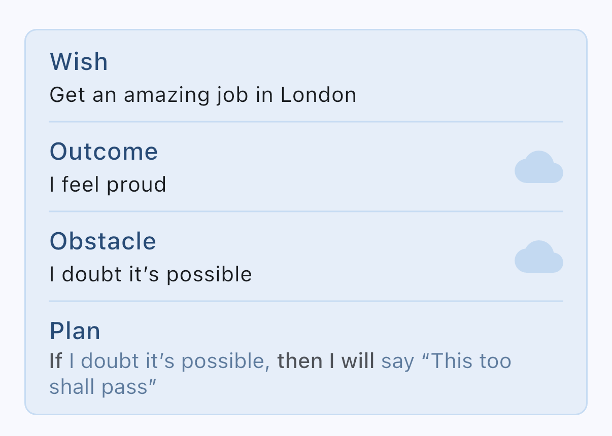 A WOOP card showing Wish, Outcome, Obstacle and Plan for getting an amazing job in London